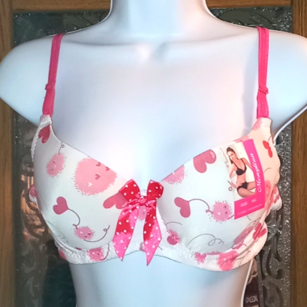 NWT, Cute, Cream & Pink,Bra with  Hearts & a Bow 💕🎀💕🎀💕🎀💕🎀
